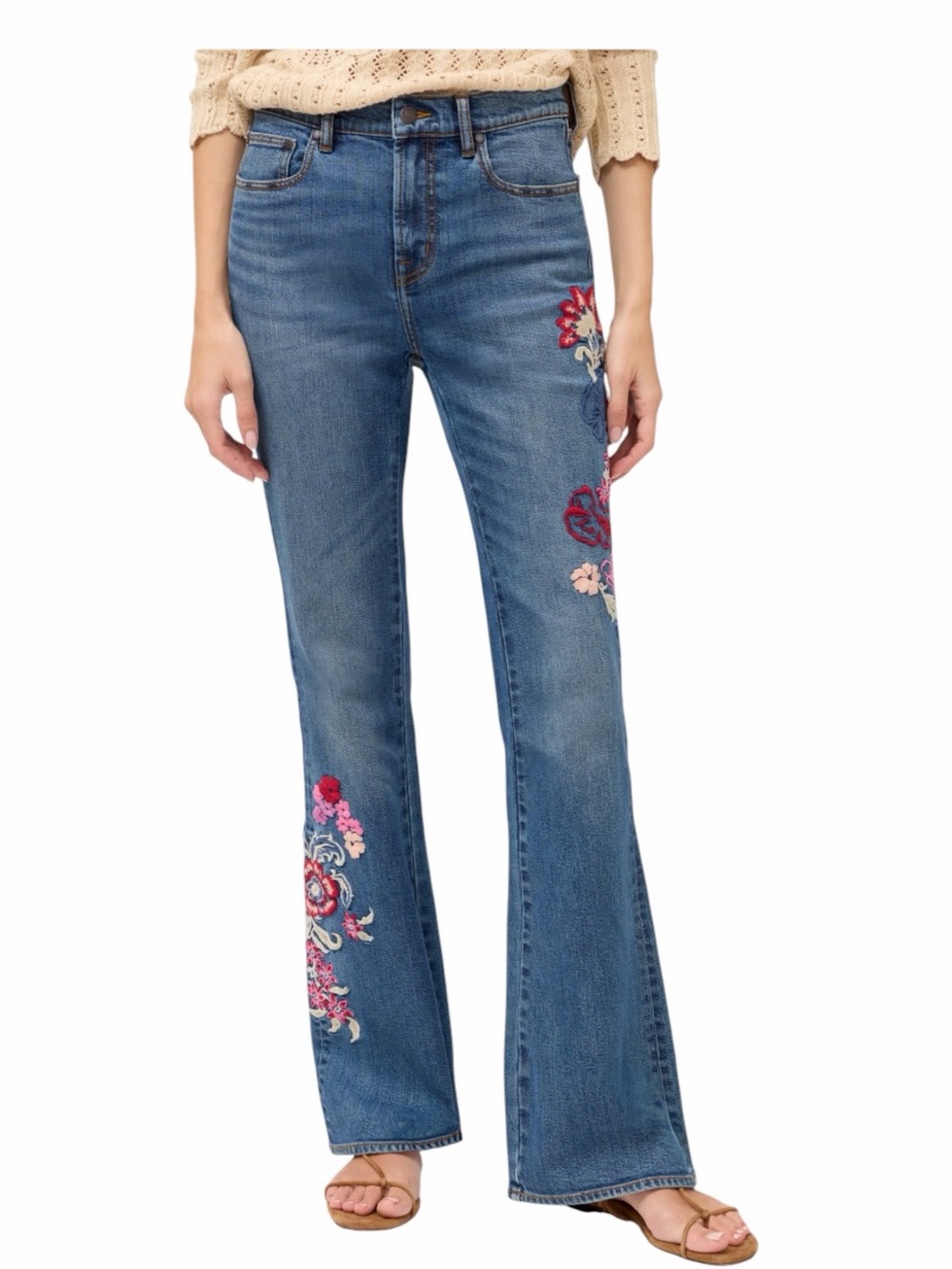 Johnny Was Farida High Rise Slim Fit Flare Jeans w/ Floral Embroidery